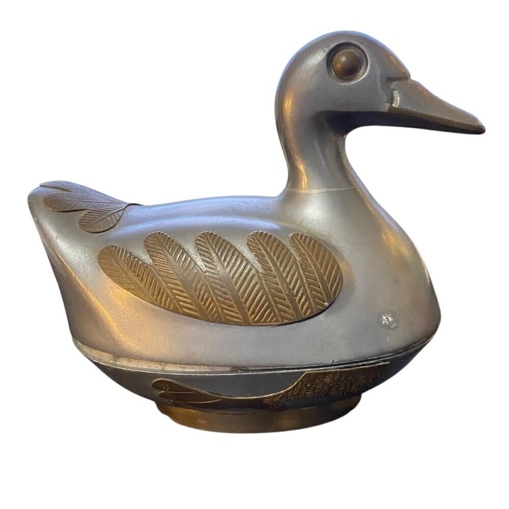 Vintage 1970's Pewter Duck Trinket Box with Brass Overlay Hong Kong 4" x 5" - Picture 1 of 9